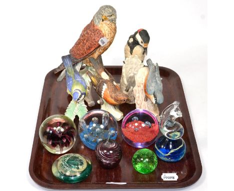Quantity of Caithness and other paperweights; together with five Goebel models of birds 