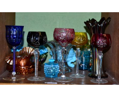 ~ Coloured and moulded glassware including carnival glass, lustre glass, painted glass etc (one shelf) 