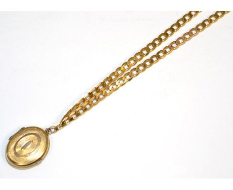 A Cuban link chain, length 49cm, stamped '750', suspending an engine turned locket pendant23.7g gross