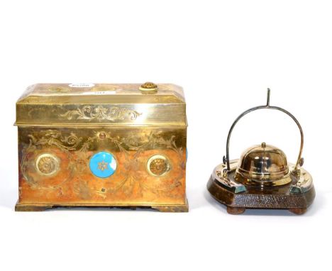 ~ A gilt metal stationary casket, set with enamel roundels (a.f.); and a silver plated inkwell in the form of a jockey's cap,