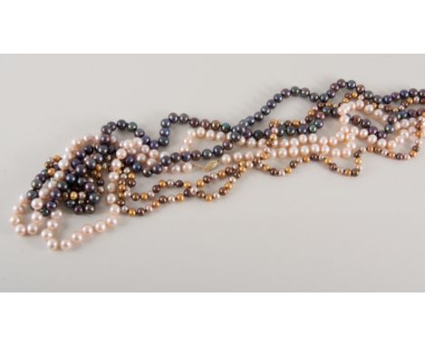 Three cultured pearl rope necklaces, one 8mm natural coloured pearls with a pinky hue 90cm long, 14K fastener, another 8mm da