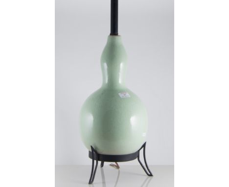 Early 20th Century uplight table lamp on brass and steel stand, ceramic body in celadon glaze, opaque glass conical shade, he