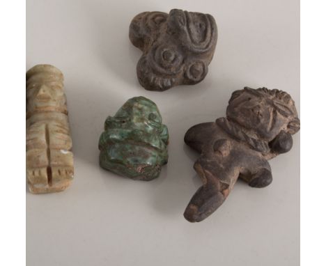 A small carved hardstone mask, perhaps jade, probably Oaxaca, c.800, 32mm, a terracotta animal mask, 34mm, a Spanish(?) carve