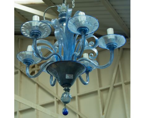 Venetian style blue glass six light chandelier, mid 20th century, approximate drop 65cm, (damages and losses).