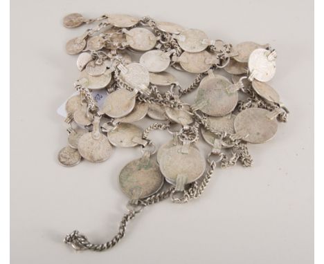 Silver coloured bib design necklace formed from arabic coins joined by curb shaped links, overall weight 13.5oz, a Napier sim