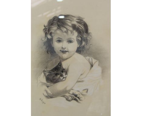 English School, Portrait of a girl with kitten, charcoal on paper, initialled B.D 1900, 41cm x 33cm, 