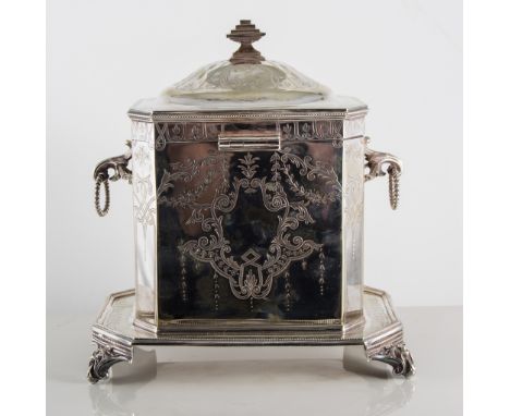Victorian cut and fronted glass butter/sweet dish., E.P. ivy leaf stand and decorated lid with fruit finial, large E.P. biscu