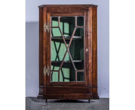 Late Georgian hanging corner cabinet,  moulded cornice glazed door enclosing two shelves, width 43cm, depth 43cm, height 91cm