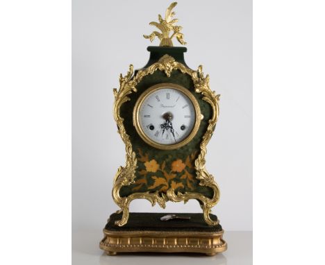 An Imperial lacquered mantel clock, on stand, together with another mantel clock with painted case, French movement (2)
