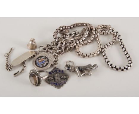 Heavy silver 4mm gauge box link chain 50cm long, a silver fob watch, silver curb link bracelet, loose charms, fobs, enamelled