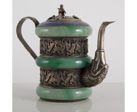 A Chinese silver cloisonne enamel and jade jug, late 19th or early 20th Century, with three jadeite bands, spaced two encircl