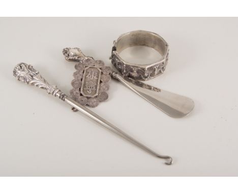 Ethnic white metal jewellery - bangle, buckle, brooch etc, silver handled shoe horn and white metal button hook, propelling p