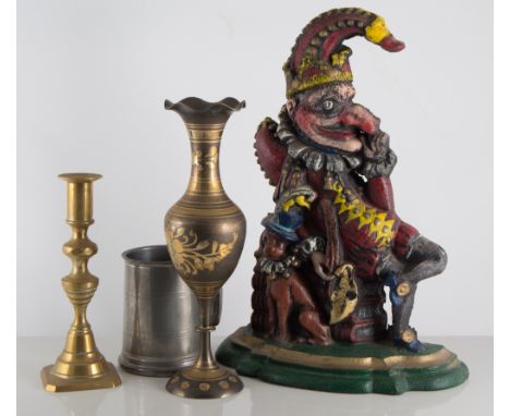 One box of assorted brass and metalware, including a helmet shaped coal scuttle, kettle, trays, and a painted cast iron door 