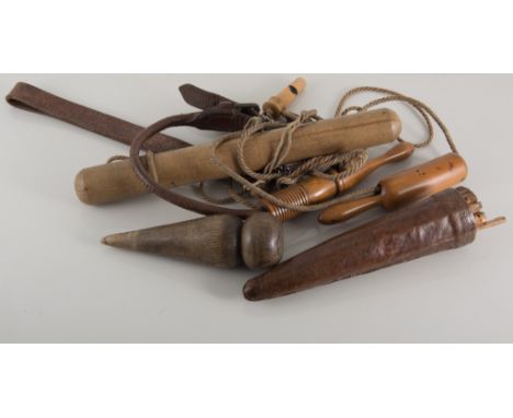 Floating dairy thermometer, 21cm, in a wooden case, an ash fisherman's needle, a leather quiver shaped spill holder and dog l
