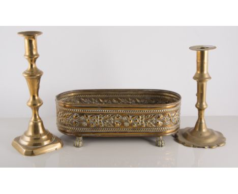 Pair of brass candlesticks, early 19th century, petalled bases, push columns, height 19cm, plus another pair of candlesticks,