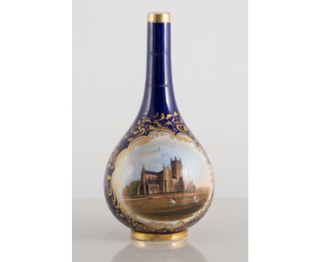 Chamberlains Worcester bottle vase, first half of the 19th century, painted with a named year of Worcester Cathedral, blue gr