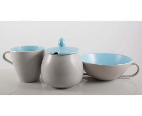 Poole Pottery twin-tone blue dinner/tea ware, comprising plates, cups and saucers, tureens, condiments etc.