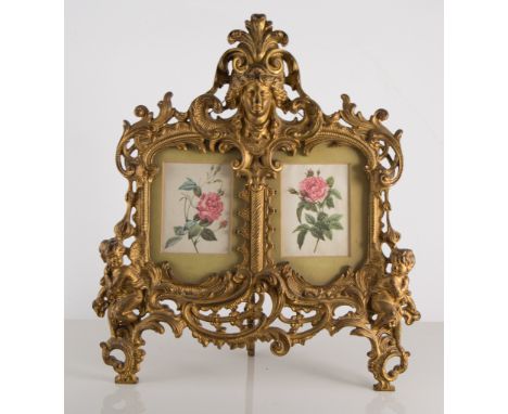 A gilt triptych mirror, gilt metal twin photograph frame, and an easel mirror with classical urn (3)