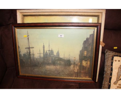 A coloured print depicting a street scene; together with one other print of moored boats 