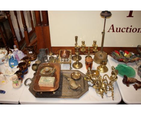 An Indian brass tray; together with various other brass and copper to include light fittings, candlestick, pewter tankards, t