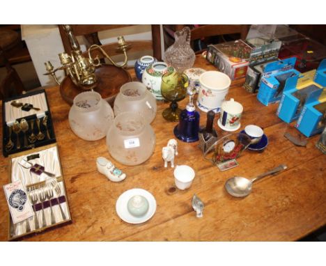 A Chinese ginger jar; a brass three branch ceiling light with glass shades; two items of crested china etc.