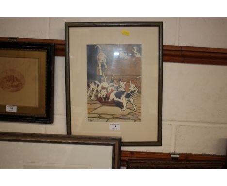 After Cecil Aldin, coloured print of dogs watering