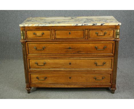 A French Directoire walnut commode, with a breccia marble top, 19th century. H.98 W.126 D.57cm. 