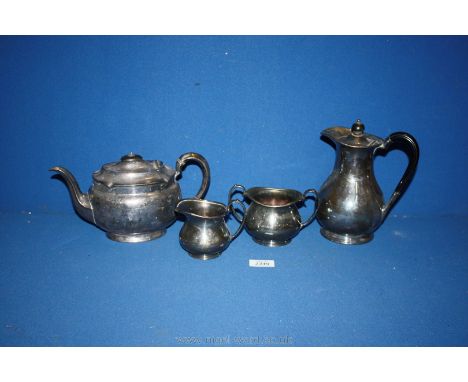 A plated plain design Teapot, an ebony handled baluster shaped hot water Jug with hinged lid and Sucrier and Milk Jug of simi