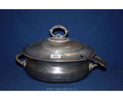 A heavy silver plated Soup Tureen and lid, (foot compressed) together with a serving Ladle, 14'' long x 10'' high