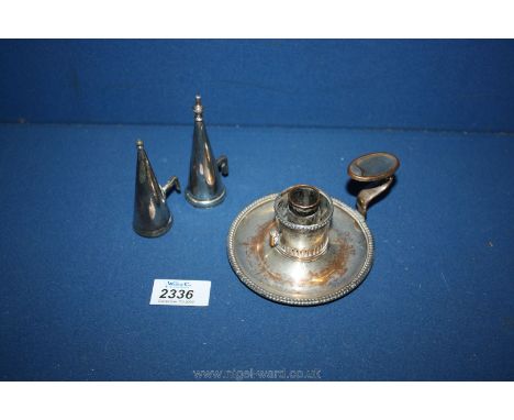 A silver plated Chamber-stick and two snuffers of conical form.