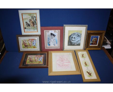 Eight Louis Wain and other cat prints.