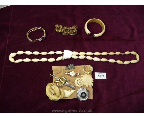 A box of assorted Brooches, necklace and bangle with silver ends and Finland bracelet.