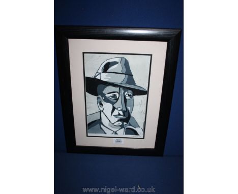 A Print of Portrait of gent in Hat, framed and signed in pencil, lower right.