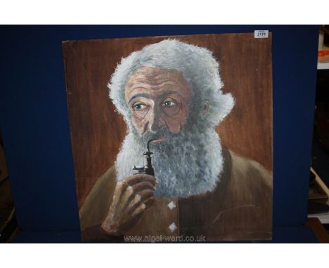 An Oil on canvas portrait of a bearded gentleman smoking a pipe.