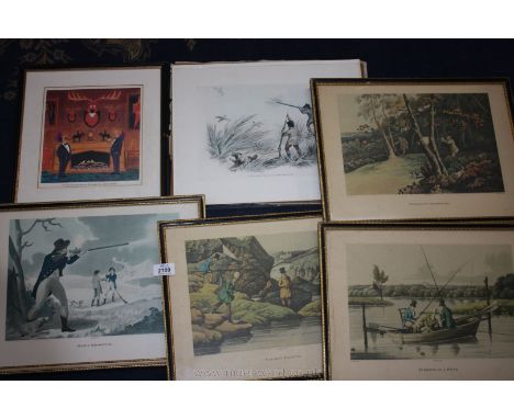 A quantity of H. Alken sporting Etchings to include; salmon fishing, pheasant shooting, fishing in a punt, a J. Wells fecit '