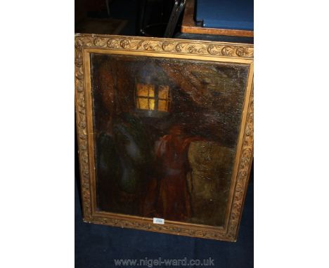 An Oil on board of figures with a lantern light