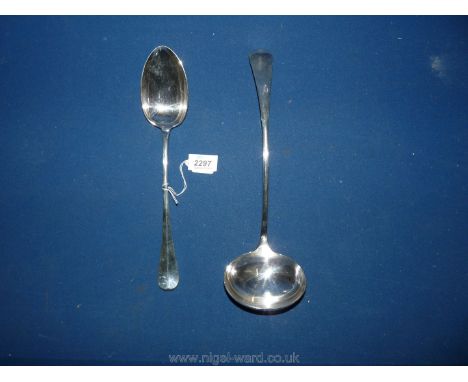 A heavy quality EP stuffing spoon 12" long, plus an Elkington's large curved  handle soup ladle, 13" long.
