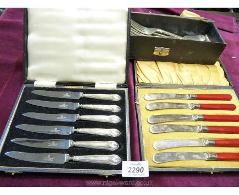 A set of six silver handled fruit Knives and a set of six plated dessert knives and some vintage cutlery.