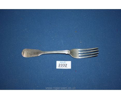 A thread and fiddle handled Silver dinner Fork, London 1819, makers R.P. (Richard Poulden) engraved to the underside with a f