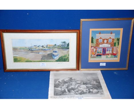 An Andrew Dibbon framed Print depicting boats moored on Brancaster Straithe, Norfolk, a framed embroidered picture of a toy s
