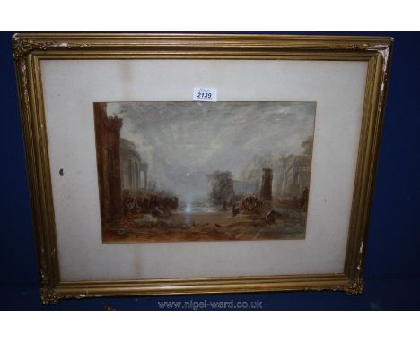 A 19th Century continental Watercolour, classical view after Claude Lorrain, possibly on print base