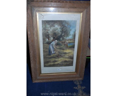 A large wooden framed print titled 'Haymaking', by Ernest Walbourn.