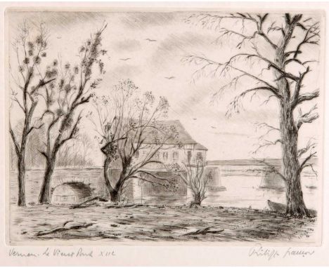 FRENCH SCHOOL (20TH CENTURY) BRIDGE LANDSCAPE Indistinctly signed
Etching
Sold together with a 19th Century print of birds12c