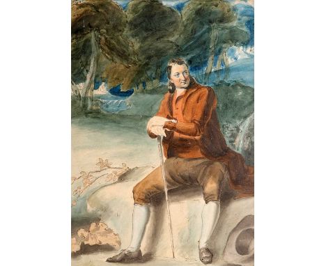 EARLY 19TH CENTURY BRITISH SCHOOL PORTRAIT OF A GENTLEMAN IN A WOODED LANDSCAPE Pencil and watercolour36cm x 25cm