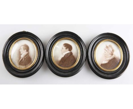 19TH CENTURY ENGLISH SCHOOL THREE PORTRAIT MINIATURES OF MEMBERS OF THE EVANS FAMILY Inscribed verso, F.J Evans, Henrietta Ev