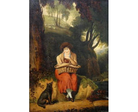 ENGLISH NAIVE SCHOOL (19TH CENTURY) LADY AND HER DOG IN A COUNTRY LANDSCAPE Oil on panel46cm x 33cm