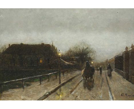 A* KERLER (BRITISH CIRCA 1900) STREET SCENE BY LAMPLIGHT Signed lower right
oil on panel20cm x 25.5cm