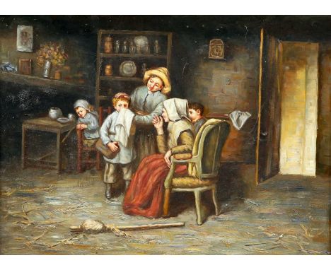 EARLY 20TH CENTURY BRITISH SCHOOL COTTAGE INTERIOR AND PORTRAIT OF A MAN Oil on panel
 29cm x 40cmQty: 2