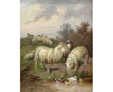 ADOLF D NOWEY (AUSTRIAN BORN 1835 - ) SHEEP AT A POND Signed, label verso
Oil on panel25cm x 20cm