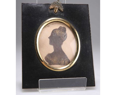 19TH CENTURY ENGLISH SCHOOL PORTRAIT SILHOUETTE OF MARY ANNE LANGFORD Label verso
Watercolour with gold7.5cm x 6cm